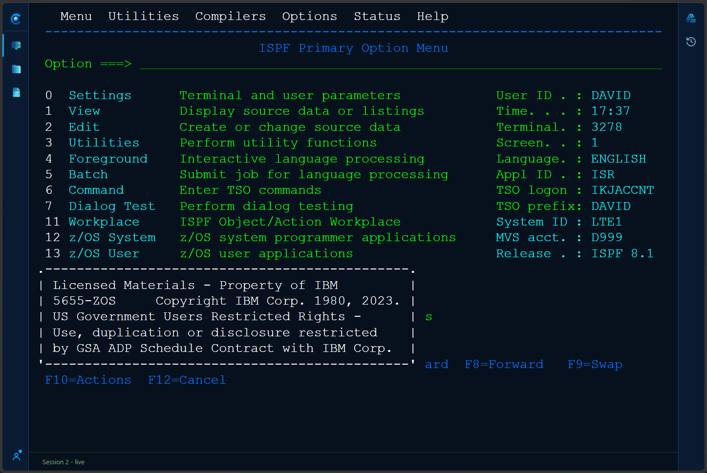 Connect/3270 interactive terminal session in the Connect/MP WebUI
