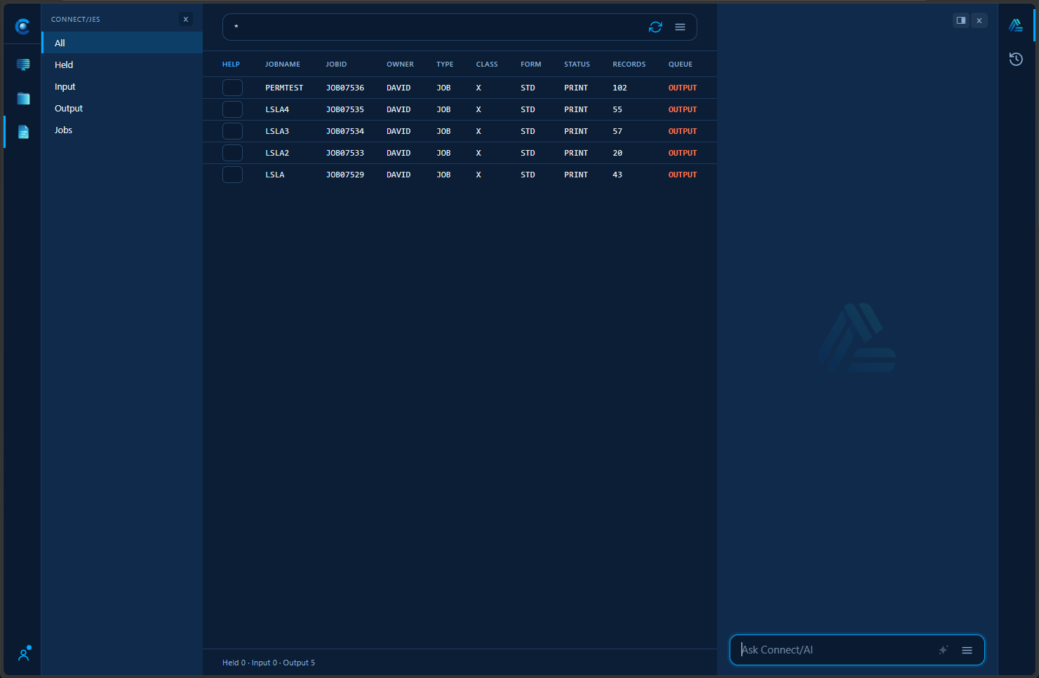 Connect/JES queue viewer showing job queue filters, the active job list, and the Connect/AI panel